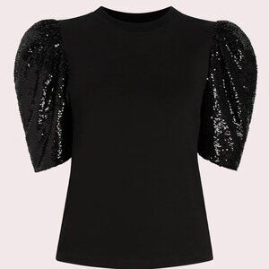 Cinq A Sept Kendra Sequin Sleeve Top in Black NWOT, Size L